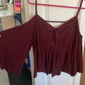 Maroon open shoulder crop top